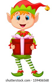 Cute Christmas elf holding a gift