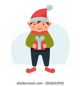 Cute christmas elf holding a gift. Gnome in a red cap with present. Vector flat illustration.