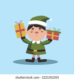 Cute christmas elf holding gifts . Happy childish xmas dwarf demonstrate holiday poster. Flat vector cartoon illustration of joyous santa helper isolated on blue EPS