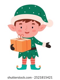 Cute christmas elf holding present decorated with bow. Happy cute little boy wearing green elf christmas costume