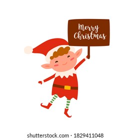 Cute christmas elf holding sign with Merry Christmas inscription. Happy childish xmas dwarf demonstrate holiday poster. Flat vector cartoon illustration of joyous santa helper isolated on white