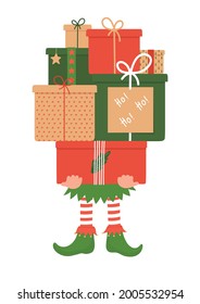 Cute Christmas elf holding stack of Christmas gifts. Xmas, New Year greeting vector illustration isolated on white background.