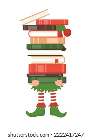 Cute Christmas elf holding stack of books. Xmas, New Year education greeting vector illustration isolated on white background.