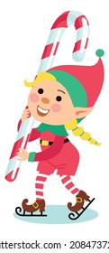 Cute christmas elf ice skating with candy cane. Santa helper carrying sweet holiday gift