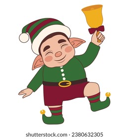 Cute Christmas elf with jingle bell on white background