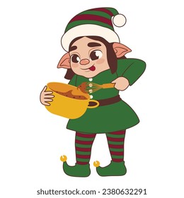 Cute Christmas elf making dough for cookies on white background
