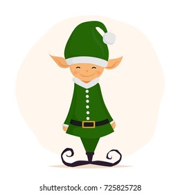 Cute christmas elf. Merry Christmas and Happy New Year design. Funny character design. Good for use on postcard, card, banner, advertisement, flyer, leaflet. Vector illustration.