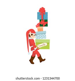 Cute christmas elf with a lot of present boxes on white backgroung. Perfect for christmas cards, boxing day card