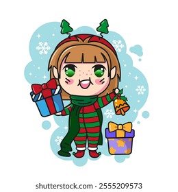 Cute Christmas elf with presents. Cartoon kawaii Christmas characters