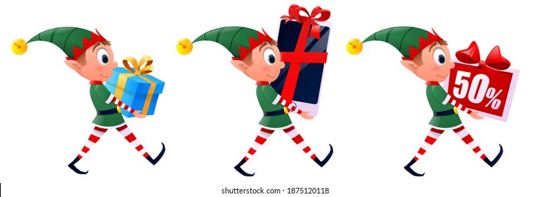 Un elfo de Navidad con regalos. Cute a los ayudantes de Santa Claus a los elfos. El enano eleva personajes divertidos santa helper, navidad pequeña ayudante verde. Ilustración del vector