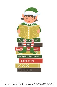 Cute Christmas elf reading book on stack of books on white background. Christmas, New Year greeting vector illustration for educational projects.