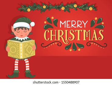 Cute Christmas elf reading book on stack of books on white background. Christmas, New Year greeting vector illustration for educational projects.