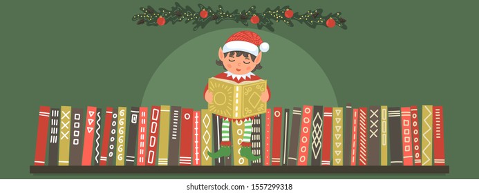 Cute Christmas elf reading book. Christmas, New Year greeting vector illustration for educational projects.