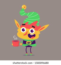 Cute Christmas elf with red coffee cup vector cartoon character isolated on background.