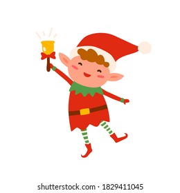 Cute Christmas elf in red costume and hat ringing holiday bell. Festive childish xmas character isolated on white. Happy funny Santa helper. Vector illustration in flat cartoon style