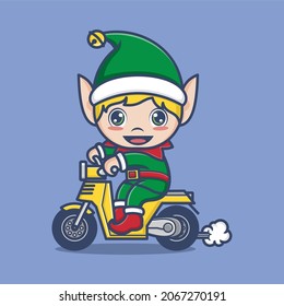 cute christmas elf riding an automatic motorcycle. vector illustration for mascot logo or sticker