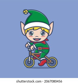 cute christmas elf riding a bicycle. vector illustration for mascot logo or sticker