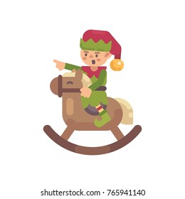 Cute Christmas elf riding a rocking horse. Santa Claus elf flat character illustration