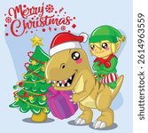 Cute Christmas elf riding a t-rex bring a Gift for You