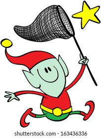 Cute Christmas elf running after a shiny yellow star with a big net