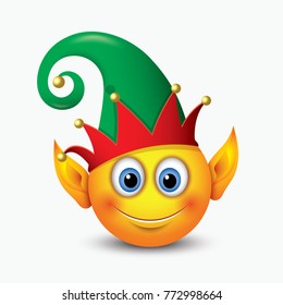 Cute Christmas Elf Santa Calus helper emoticon with elf ears - emoji smiley icon - vector illustration