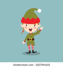 Cute Christmas elf. Santa's helper. Сartoon character. Elf girl. A girl in an elf costume. New Year card.