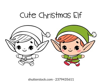 Cute Christmas elf, Santa's helper, line drawing vector illustration. Outlines.