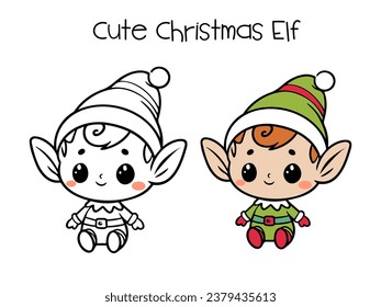 Cute elfo navideño, ayudante de Santa, dibujo de línea de ilustración vectorial. Esbozos.