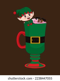 Cute Christmas Elf sitting on top of the mug Vector Design