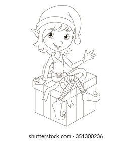 Cute Christmas elf sitting on gift