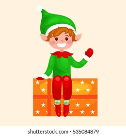 Cute  Christmas elf sitting on Christmas gifts.Santa helper.Greeting Card