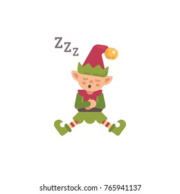 Cute Christmas elf sleeping after a hard day. Santa Claus elf flat character illustration