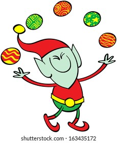 Cute Christmas elf smiling, clenching his eyes and juggling Xmas balls with great enthusiasm