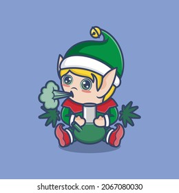 cute christmas elf smoking weed. vector illustration for mascot logo or sticker