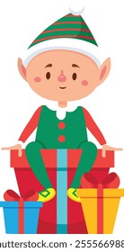 Cute christmas elf with striped hat and pointy ears sitting on large red gift box with two smaller gift boxes next to it, celebrating the festive holiday season