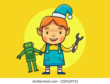 Cute Christmas Elf tinkering a Robot Toy and Holding a Wrench. Wearing Blue Apron