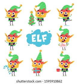 Cute Christmas elf vector cartoon characters set isolated on white background.