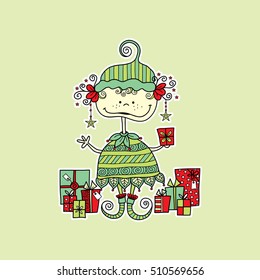 Cute christmas elf vector illustration with presents and stars on a green background.