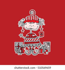 Cute christmas elf vector illustration with presents and stars on a red background.