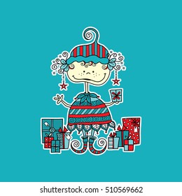 Cute christmas elf vector illustration with presents and stars on a aqua background.