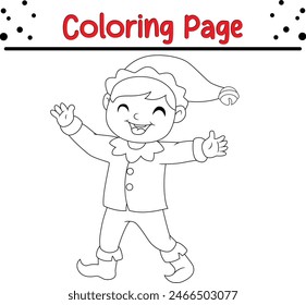 cute Christmas elf waving hand coloring book page for adults and kids