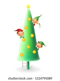 Cute Christmas Elves decorating Christmas tree - vector illustration isolated on white background