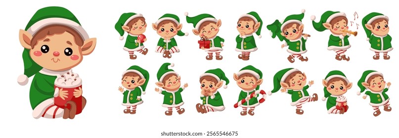 Cute Christmas elves different expression flat color vector icon set. Winter holiday celebrating characters pack on white background