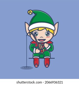 cute christmas elves are fishing. vector illustration for mascot logo or sticker