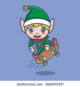 cute christmas elves playing skateboard. vector illustration for mascot logo or sticker