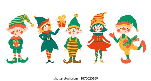 Cute Christmas elves. Santa helpers elf characters . Boy and girl dwarf little fantasy helper. Cartoon flat vector isolated set. Perfect for sublimation printing, card design, web site, sticker