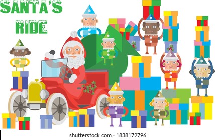 cute Christmas elves standing by Santa's classic red car and brightly wrapped presents Santa's Ride