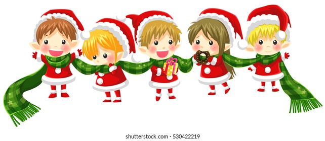 Cute Christmas elves tie together with a long scarf in a concept of greeting and happiness (with no black outline version), create by vector
