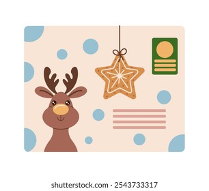 Envelope de Natal bonito com rena e gengibre estrela objeto de vetor de cor plana. Festivo Natal cartão de saudação ilustração em branco