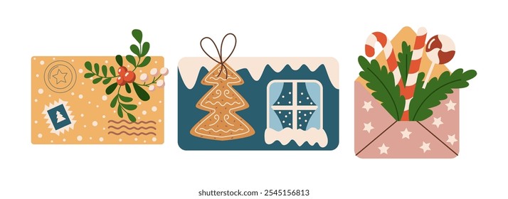 Cute Christmas envelopes with ornaments flat color vector objects set. Festive greeting items for holiday congratulations illustrations bundle on white